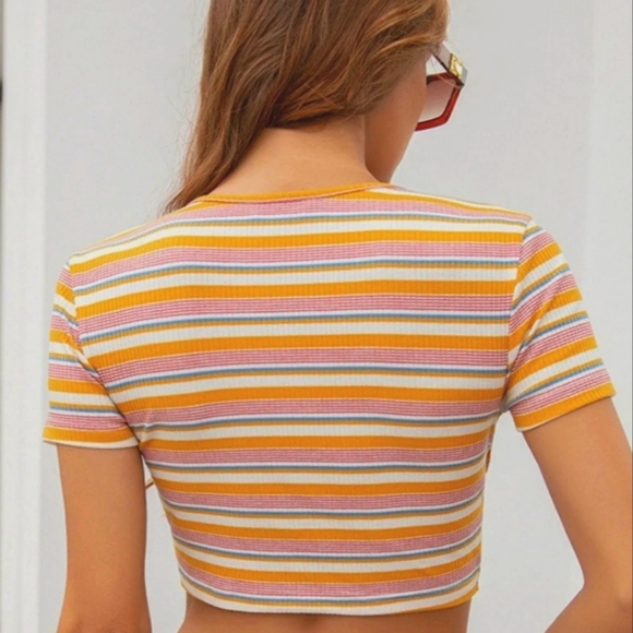 Stripe Crop Tee Surplice Neck Color Block - Picture 3 of 5